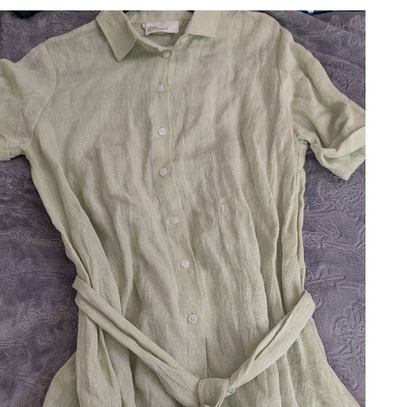 Lisa Marie Fernandez Metallic Linen Blend Gauze Shirt Dress Mint Green Midi Sz 3 - Picture 6 of 10